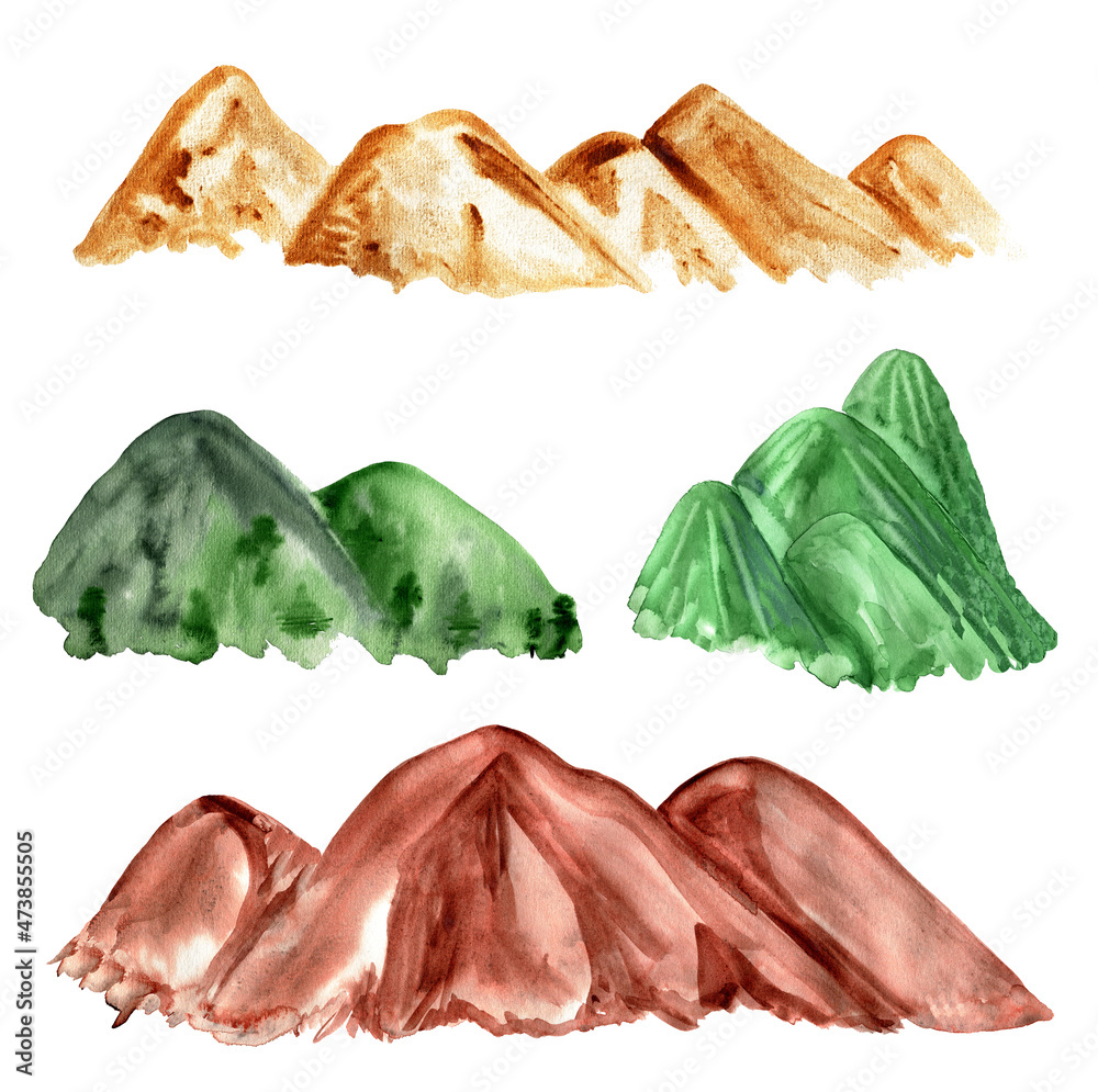 Watercolor set of kinds of mountain. Natural landscapes. Green grass hills, mountains and desert sand dunes.