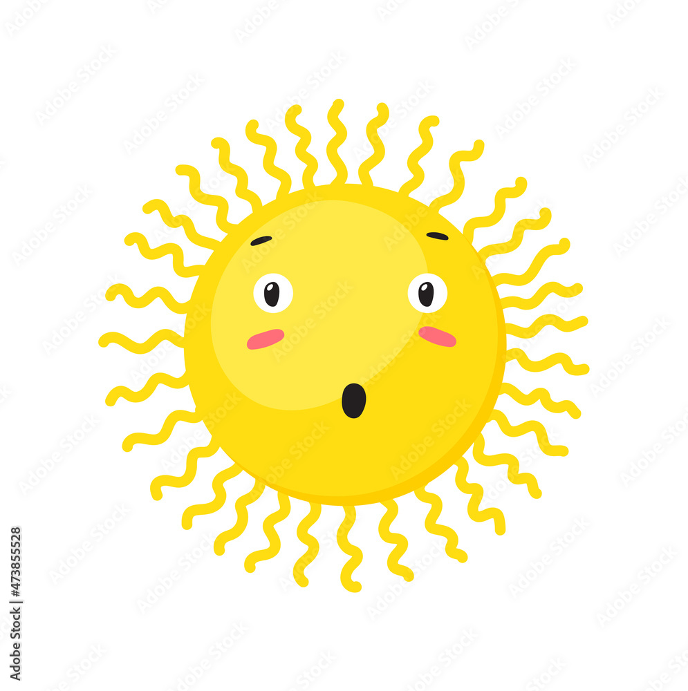Surprised Sun. Yellow child expressions, vector sticker design
