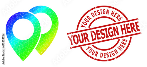 YOUR DESIGN HERE scratched stamp seal and lowpoly spectral colored map markers icon with gradient. Red stamp seal includes YOUR DESIGN HERE text inside circle and lines form.