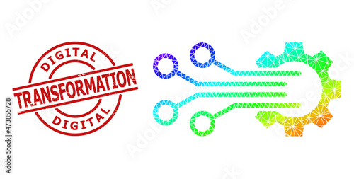 Digital Transformation scratched stamp print and lowpoly spectral colored mechanic sensor icon with gradient. Red stamp seal contains Digital Transformation title inside circle and lines shape.