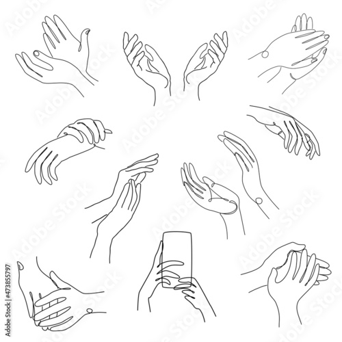 Collection. Silhouettes of human palms in a modern one line style. Clap their hands  knit  crochet. Solid line  aesthetic outline for decor  posters  stickers  logo. Set of vector illustrations.