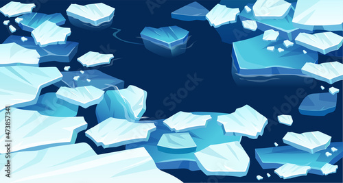 Atlantic, antarctic floes, glaciers and icebergs floating on surface. Isolated masses of cracked ice. Global warming, climate change. Frozen blue water. View from above.