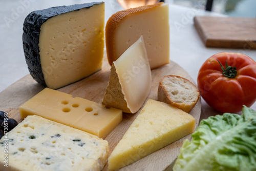 Cheese collection, French fol epi  cheese with many little holes, etorki, tomme noire des pyrenees and ossau iraty cheese photo