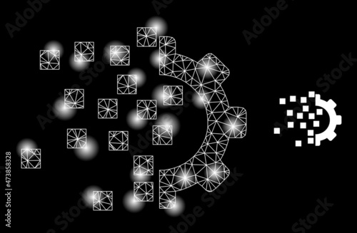 Constellation network gear compilation web icon with bright spots. Illuminated constellation generated using gear compilation vector icon. Constellation carcass web polygonal gear compilation,