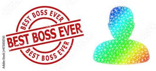 Best Boss Ever rubber stamp seal, and low-poly rainbow colored person profile icon with gradient. Red seal has Best Boss Ever caption inside circle and lines form.
