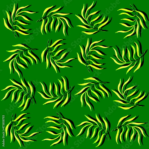 Seamless pattern with botanical elements. Watercolor palm leaves on a green background. For textile design.