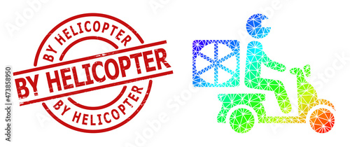 By Helicopter scratched stamp, and low-poly spectrum colored pizza motorbike delivery icon with gradient. Red stamp seal contains By Helicopter title inside round and lines form.