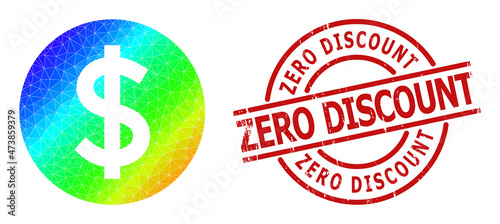 Zero Discount corroded stamp, and low-poly spectrum colored price icon with gradient. Red stamp seal includes ZERO DISCOUNT tag inside circle and lines form.