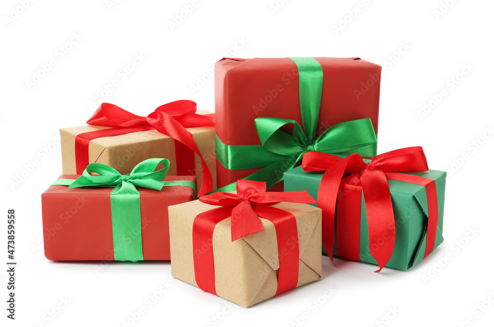 Obraz premium Different beautifully wrapped gift boxes on white background