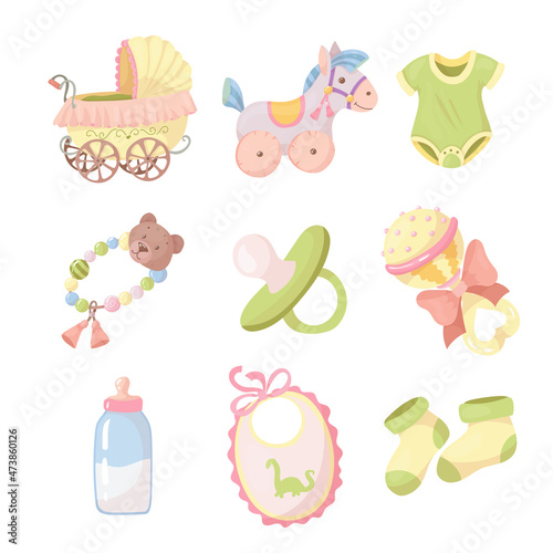 A set of clothes and accessories for small children. Rattles for newborns. Goods for kids. Vector illustration isolated on white background.