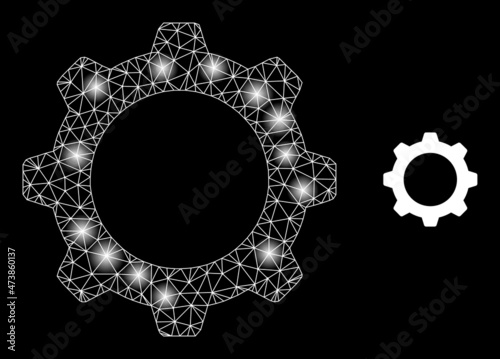 Glowing net gearwheel web icon with glowing spots. Illuminated model is created from gearwheel vector icon. Glowing carcass web polygonal gearwheel, on a black background.