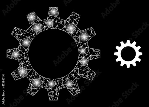 Shiny mesh gearwheel web icon with illuminated spots. Illuminated constellation generated using gearwheel vector icon. Constellation frame web polygonal gearwheel, on a black background.