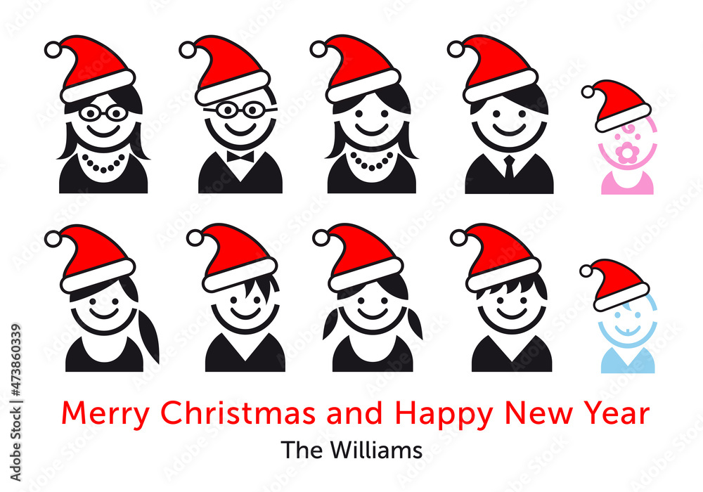 Family icons with Santa hat, for Christmas cards, vector set Family icons with Santa hat, for Christmas cards, vector set