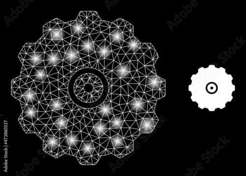 Constellation mesh gearwheel web icon with glossy spots. Illuminated constellation created using gearwheel vector icon. Flare carcass web polygonal gearwheel, on a black background.