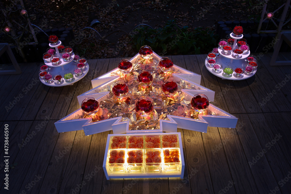 Naklejka premium 足利市 あしかがフラワーパーク 花手水のライトアップ(クリスマスバージョン)