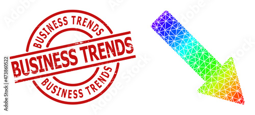 Business Trends corroded stamp seal, and lowpoly spectrum colored right down arrow icon with gradient. Red stamp seal contains Business Trends tag inside round and lines form.