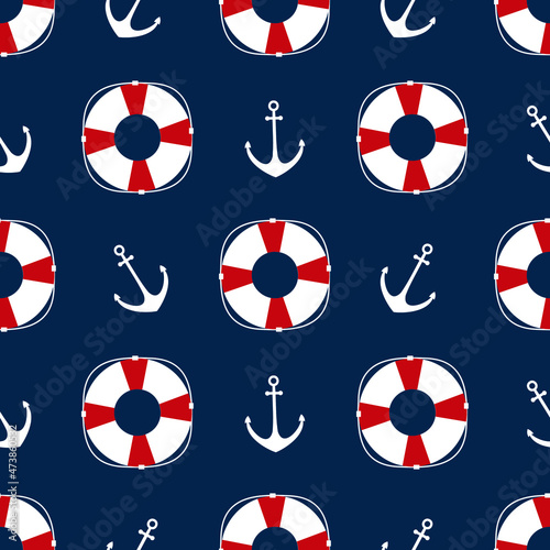 Marine seamless vector pattern. Repetitive lifebuoy and anchor. Vector illustration