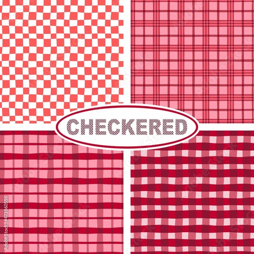 Gen Z trendy checkered set of 4 surface patterns for Valentine’s Day collection in classic pink and red colors for textile, commercial goods, paper products, web design, scrapbooking, other decor uses