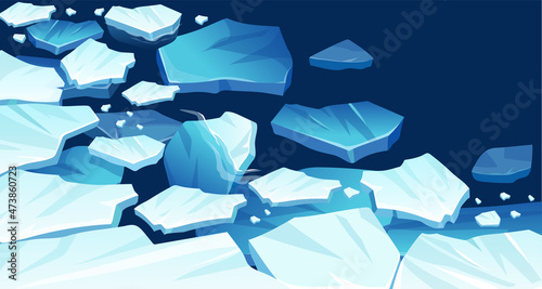 Atlantic, antarctic floes, glaciers and icebergs floating on surface. Isolated masses of cracked ice. Global warming, climate change. Frozen blue water. View from above.