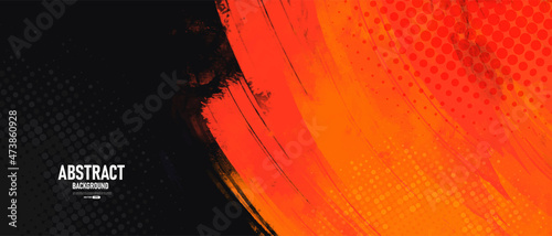 Black and red abstract background with grunge brushstroke and halftone style.	