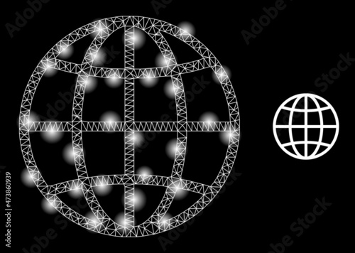 Constellation network globe web icon with bright spots. Illuminated constellation is created from globe vector icon. Bright carcass web polygonal globe, on a black background.
