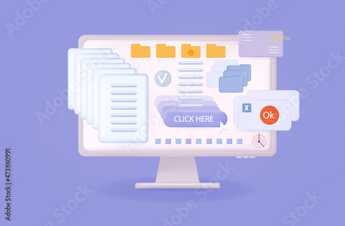 3d pop up window computer. Data failure or connection problem. Repetitive pop-ups, message or warning about a virus or bug. Computer screen notification. User interface with documents. Vector