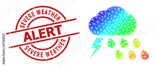 Severe Weather Alert dirty stamp print, and low-poly spectral colored thunderstorm weather icon with gradient. Red stamp seal includes Severe Weather Alert title inside round and lines template.
