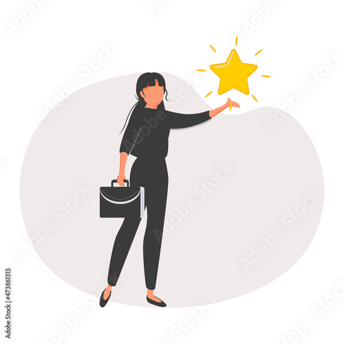 Employee success recognition, encourage and motivate best performance, cheering or honor on success or achievement concept, winning confidence businesswoman standing on big hand getting star reward