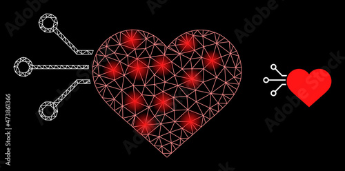 Constellation net heart sensor web icon with glossy spots. Illuminated constellation generated using heart sensor vector icon. Constellation carcass web polygonal heart sensor, on a black background.