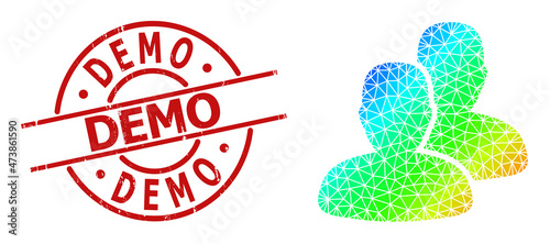Demo corroded stamp and low-poly spectrum colored users icon with gradient. Red stamp seal includes Demo tag inside round and lines template. Triangulated users polygonal 2d illustration.