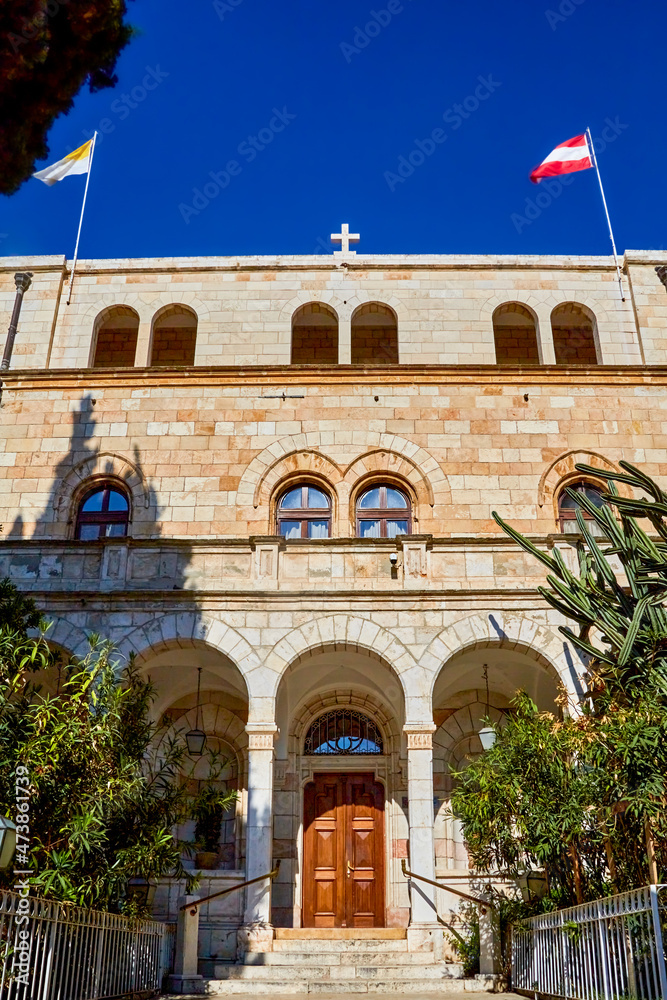 Facade of the Austrian Hospice of the Holy Family, the oldest Christian guesthouse in the Holy City. in old city Jerusalem, Israel.