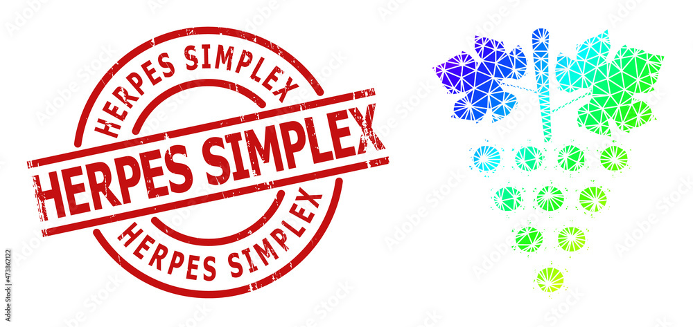 Herpes Simplex rubber watermark and low-poly rainbow colored virus grapes bunch icon with gradient. Red stamp contains HERPES SIMPLEX tag inside round and lines shape.