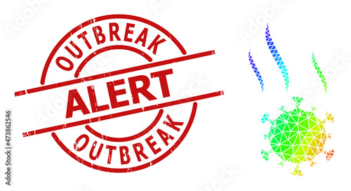 OUTBREAK ALERT unclean seal, and low-poly spectral colored virus spray icon with gradient. Red seal includes Outbreak Alert text inside circle and lines shape.