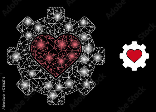 Bright mesh love mechanics web icon with flare spots. Illuminated model is generated from love mechanics vector icon. Flare frame web polygonal love mechanics, on a black background.