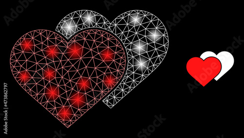 Constellation mesh love shadow web icon with illuminated spots. Illuminated constellation is created from love shadow vector icon. Sparkle carcass web polygonal love shadow, on a black background.