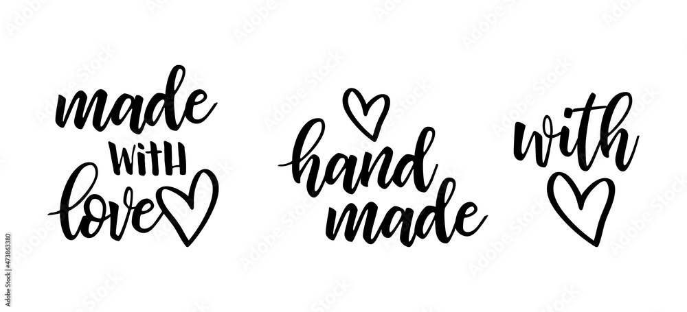 Vector set with trendy hand made labels and badges with heart symbol. Handmade, Made with Love lettering for handcraft goods isolated on white background