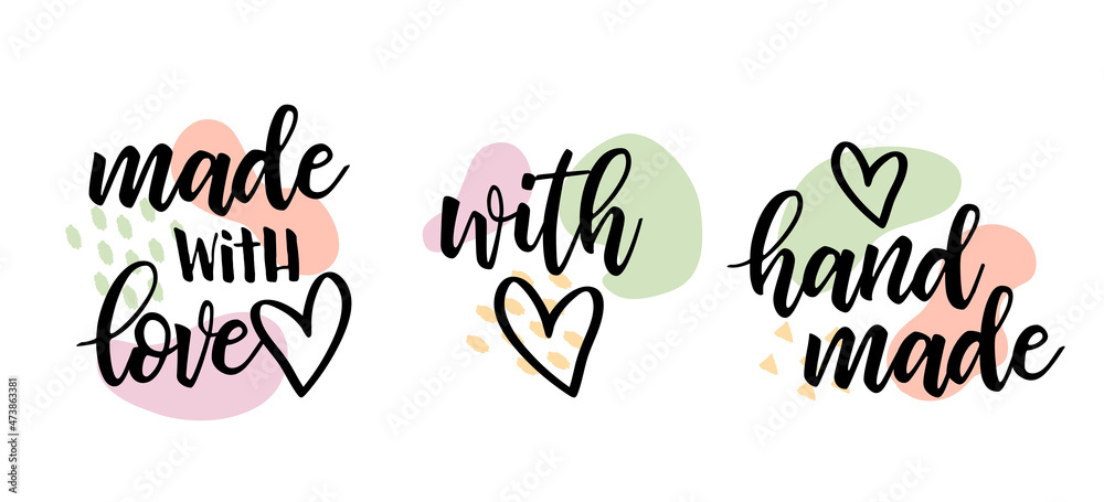 Vector set with trendy hand made labels and badges with heart symbol. Handmade, Made with Love lettering for handcraft goods isolated on white background Vector set with trendy hand made labels and badges with heart symbol. Handmade, Made with Love lettering for handcraft goods isolated on white background