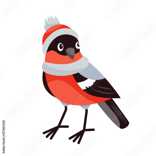 A cute bullfinch in a cartoon style is standing in a red hat. Bullfinch in a red hat and scarf. Merry Christmas.