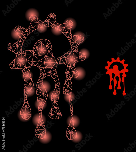 Glowing net melting gear web icon with illuminated spots. Illuminated constellation done from melting gear vector icon. Glowing carcass web polygonal melting gear, on a black background.