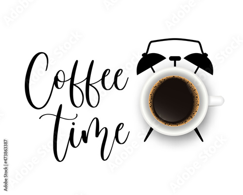 Vector handwritten brush lettering Coffee Time with realistic coffee mug. Trendy illustration with calligraphy quote. Creative poster for cafe menu design, banner isolated on white background