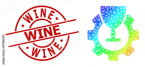 Wine grunge stamp imitation, and low-poly spectral colored wine industry icon with gradient. Red stamp includes Wine caption inside circle and lines shape.
