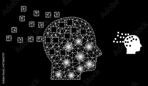 Constellation network mind compilation web icon with illuminated light spots. Illuminated model done using mind compilation vector icon. Glowing frame web polygonal mind compilation,