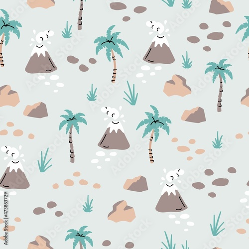 Seamless pattern with hand drawn volcanoes, palms, stones, leaves in scandinavian style. Creative vector trendy childish background for fabric, textile