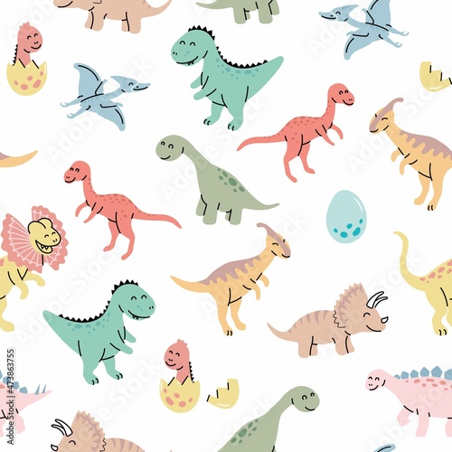Fototapeta Naklejka Na Ścianę i Meble -  Seamless pattern with hand drawn dinosaurs in scandinavian style. Creative vector trendy childish background for fabric, textile