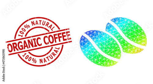 100% Natural Organic Coffee dirty stamp imitation, and lowpoly spectral colored coffee beans icon with gradient. Red stamp includes 100% NATURAL ORGANIC COFFEE tag inside round and lines template.