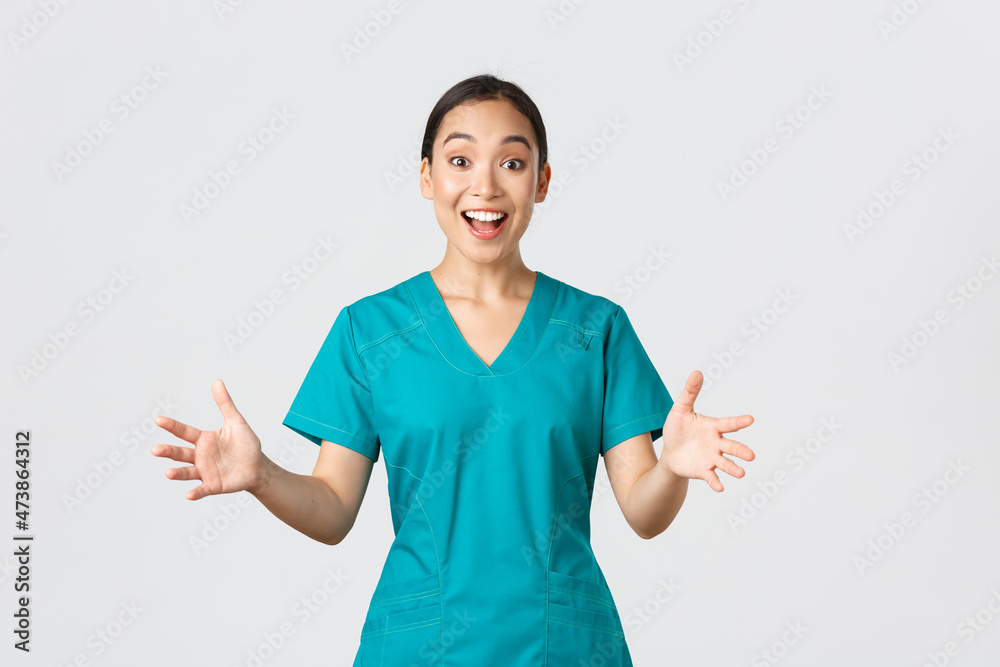 Covid19, healthcare workers, pandemic concept. Happy and surprised