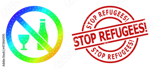 Stop Refugees! rubber stamp imitation and low-poly spectrum colored forbid alcohol icon with gradient. Red stamp seal includes Stop Refugees! title inside round and lines form.