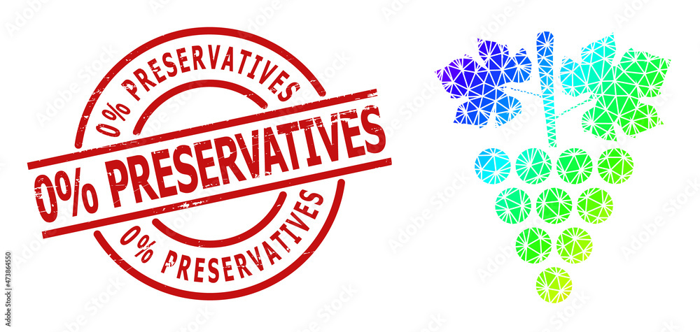 0% Preservatives unclean stamp seal, and lowpoly spectrum colored grapes bunch icon with gradient. Red seal has 0% Preservatives tag inside round and lines shape. 0% Preservatives unclean stamp seal, and lowpoly spectrum colored grapes bunch icon with gradient. Red seal has 0% Preservatives tag inside round and lines shape.