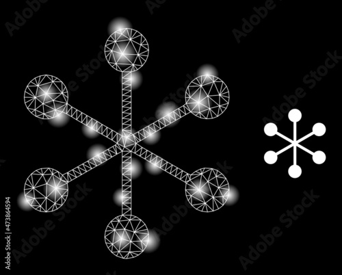 Shiny mesh net structure web icon with illuminated spots. Illuminated model generated using net structure vector icon. Bright carcass web polygonal net structure, on a black background.