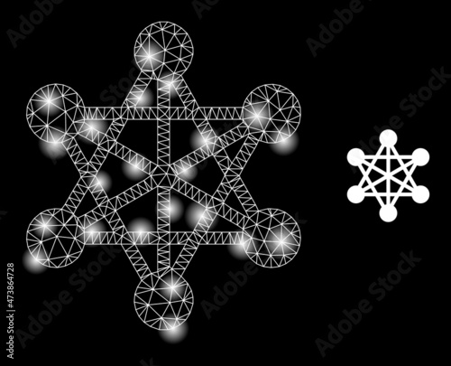 Shiny net network links web icon with illuminated light spots. Illuminated constellation created from network links vector icon. Constellation frame web polygonal network links, on a black background.